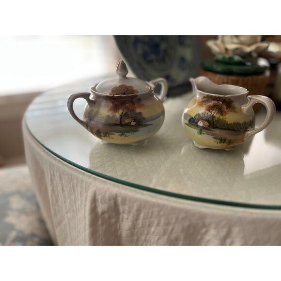 Antique Nippon Sugar & Creamer Set Hand Painted‎ Floral Gold Grandmillennial - Picture 3 of 7